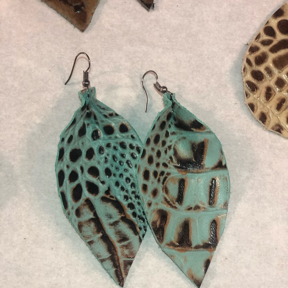 Turquoise Croc Leather Earrings